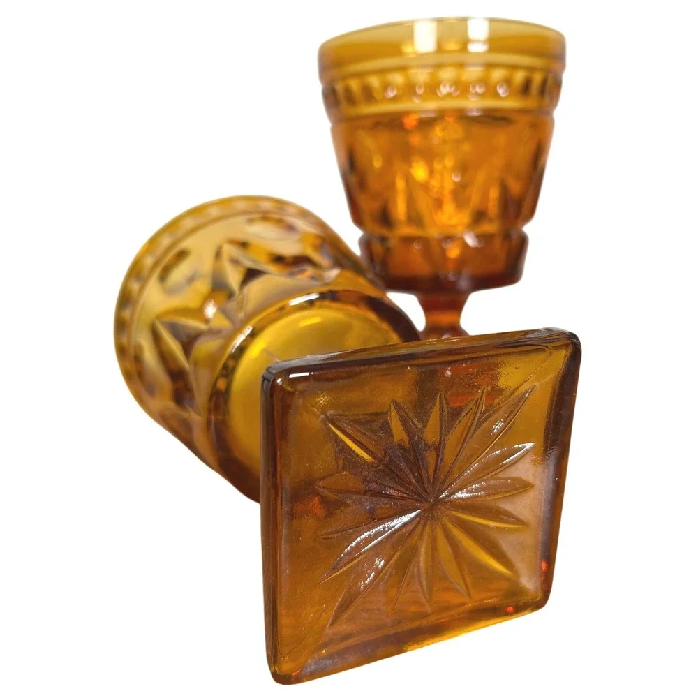 Indiana Glass Amber Goblets Thumbprint Diamond Point Square Base Set/2 VTG